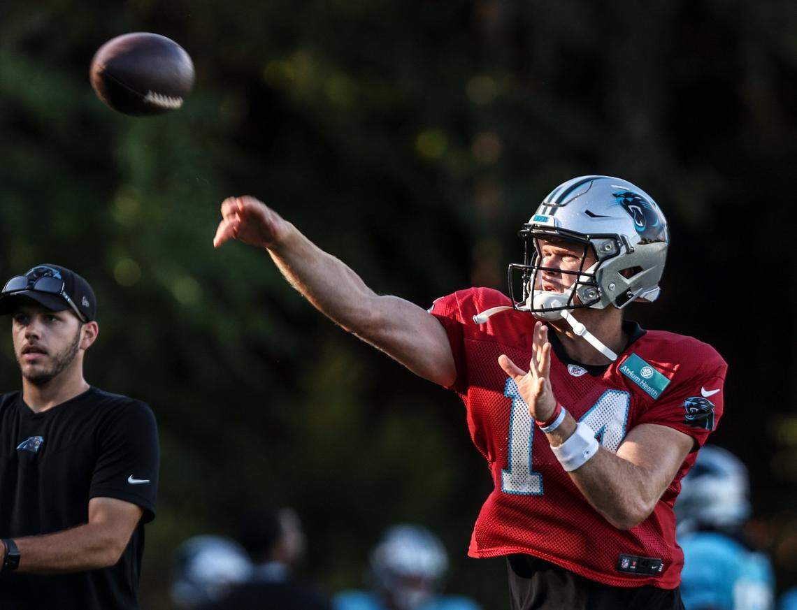 Carolina Panthers quarterback Sam Darnold throws the ball during the team’s joint practice with the Baltimore Ravens in Spartanburg, S.C., on Wednesday, August 18, 2021.