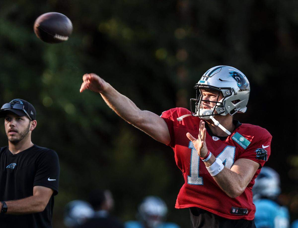 Carolina Panthers quarterback Sam Darnold throws the ball during the team’s joint practice with the Baltimore Ravens in Spartanburg, S.C., on Wednesday, August 18, 2021.