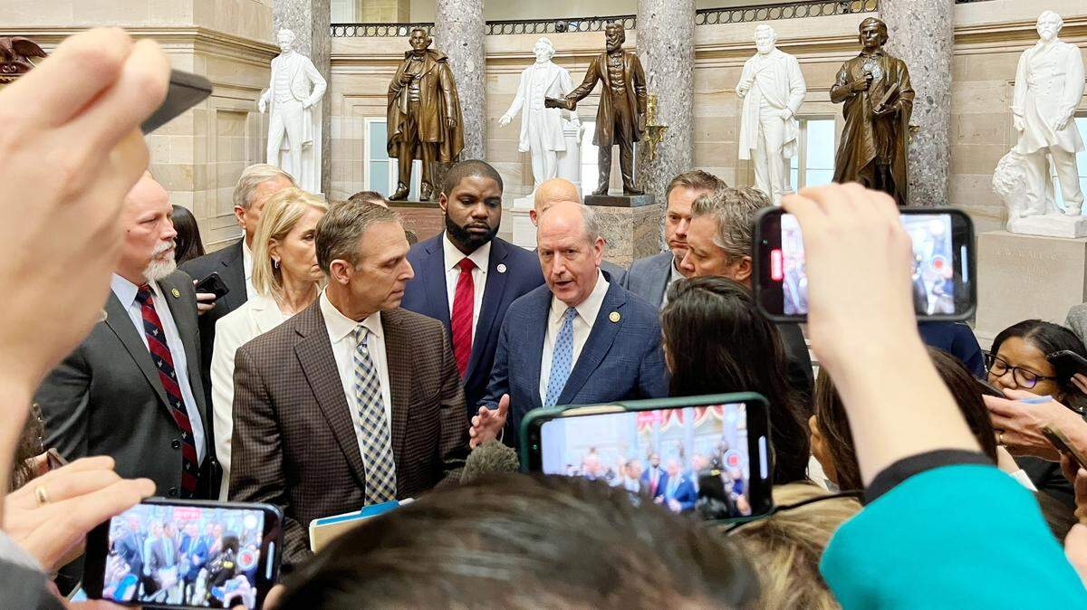 Rep. Dan Bishop speaks during a news conference in Statuary Hall in the U.S. Capitol about why a group of representatives changed their minds and voted for Rep. Kevin McCarthy for House speaker on Friday, Jan. 6, 2023.