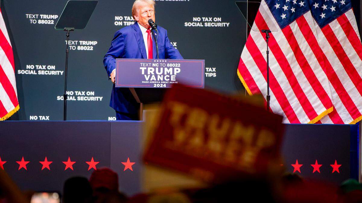 Former President Donald Trump speaks to supporters inside the Thomas Wolfe Auditorium Wednesday afternoon in Asheville, N.C.