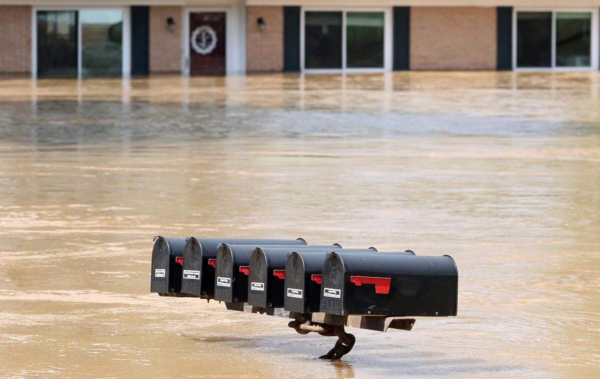 A group of mailboxes on the edge of “Kinleyville,” photographed on Sept. 28, 2024. Says Macie Lambert: “We’re wanting to do a Kinleyville 2.0 compound (somewhere else). We want to stay together. But we said no more rivers. We’re gonna do a pool this time.”