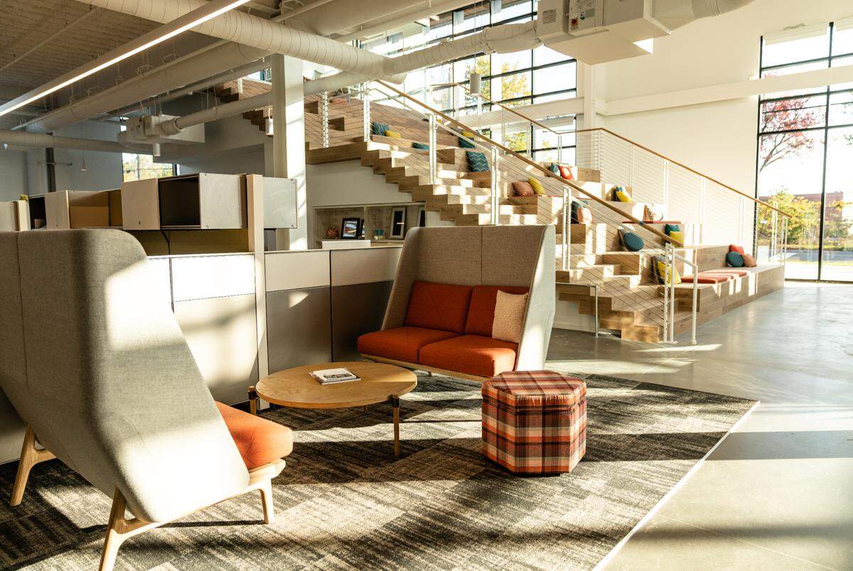 The inside of marketing and communications firm Wray Ward’s new offices on Thrift Road in Wesley Heights. It’s part of a trend toward creative offices, accelerated by the COVID-19 pandemic, experts say.