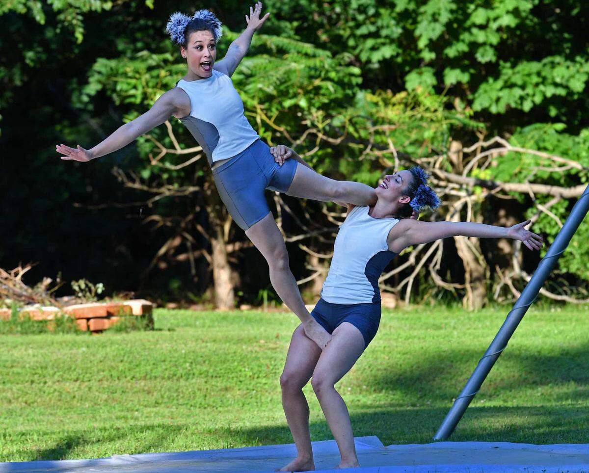 Caroline Calouche and Sarah Small dance in rehearsal for “Animalia,” an outdoor family show with limited in-person seating on Oct. 3 that will also be shown virtually.