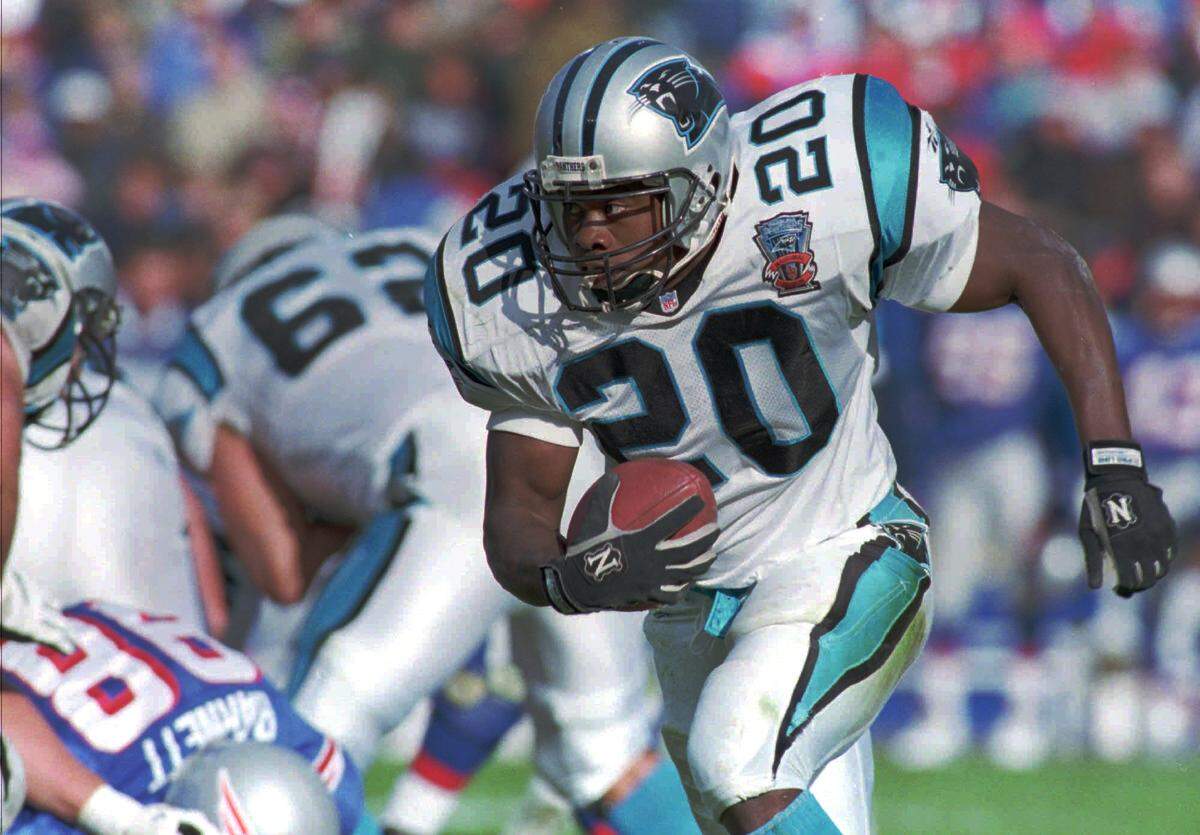 Derrick Moore rushed for 119 yards on 28 carries in this Oct. 30, 1995 game against New England. Moore led the first-ever Panthers team in 1995 with 740 rushing yards.