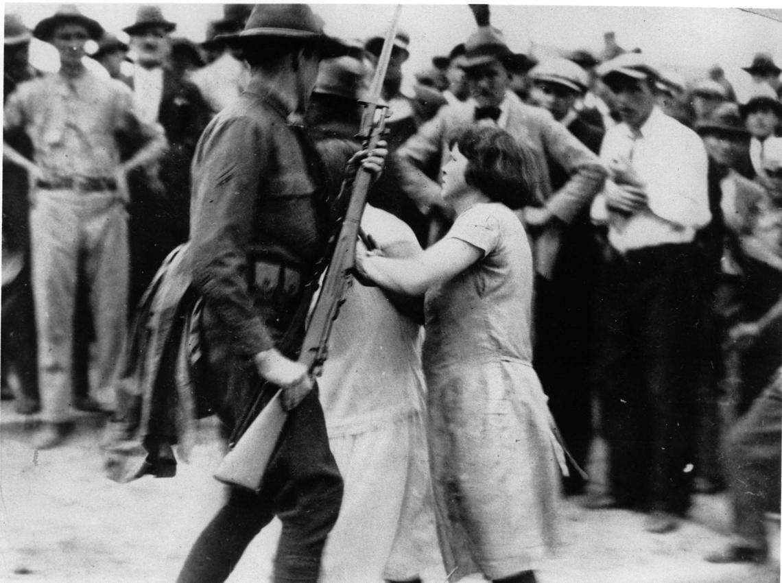 Female Loray Mill strikers battle NC National Guard in Gastonia in 1929.