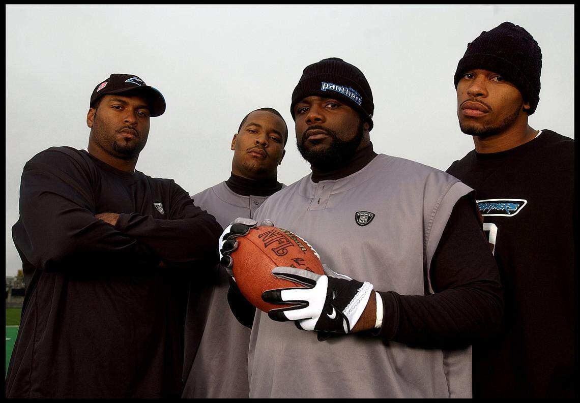 The Panthers’ Super Bowl team of 2003 was anchored by a defensive line that included, from left to right, Michael Rucker, Kris Jenkins, Brentson Buckner and Julius Peppers. This photo of the group was taken in 2002.