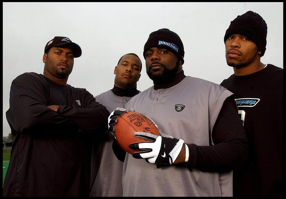 The Panthers’ Super Bowl team of 2003 was anchored by a defensive line that included, from left to right, Michael Rucker, Kris Jenkins, Brentson Buckner and Julius Peppers. This photo of the group was taken in 2002.