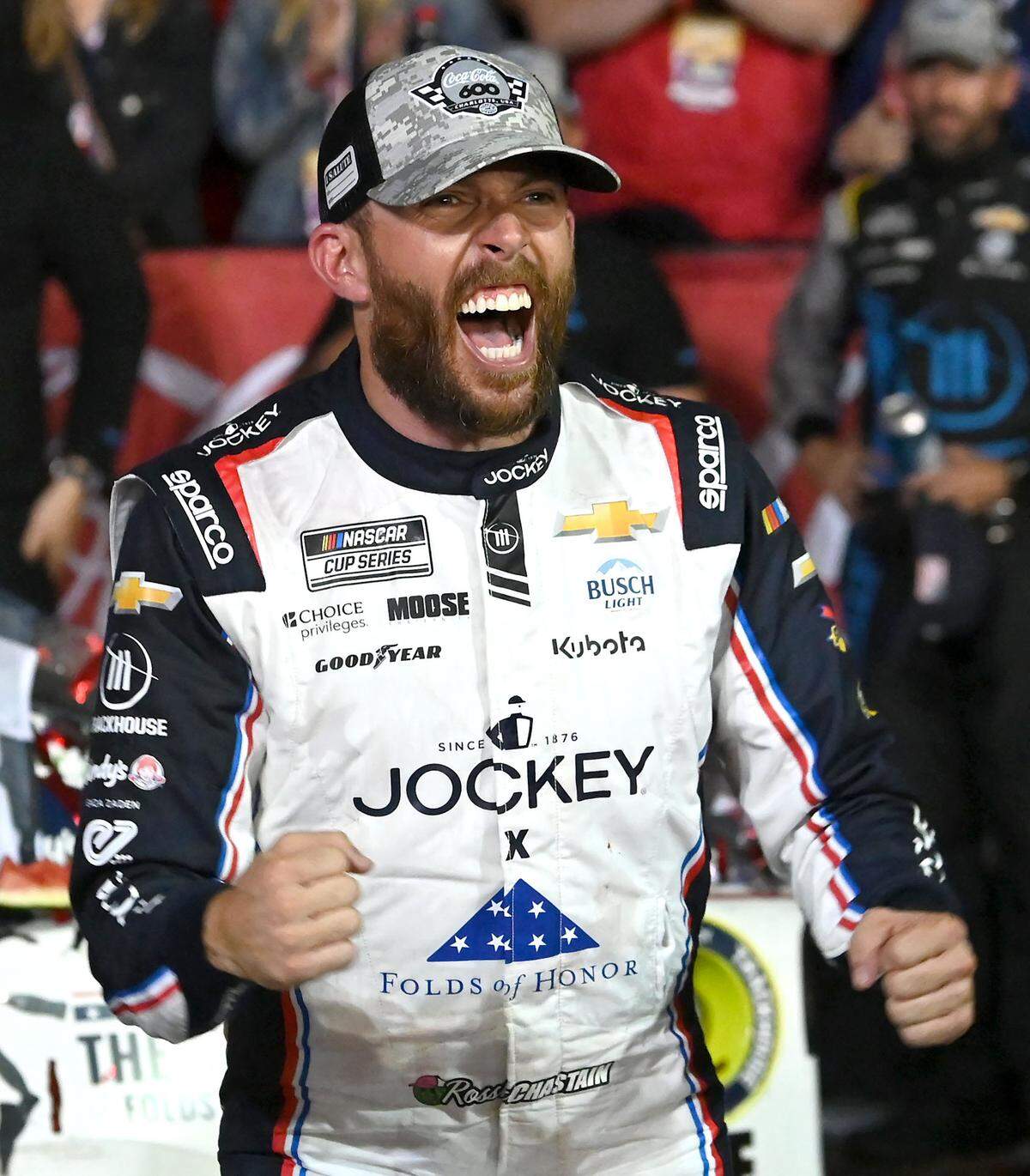 NASCAR Cup Series driver Ross Chastain celebrates winning the Coca-Cola 600 in Victory Lane at Charlotte Motor Speedway in Concord, NC on Sunday, May 25, 2025.