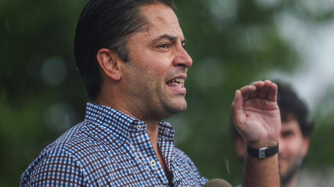 Republican City Councilman Tariq Bokhari speaks to media about re-opening the open air flea market off CentraL Avenue on Wednesday, July 13, 2022 in Charlotte, NC.