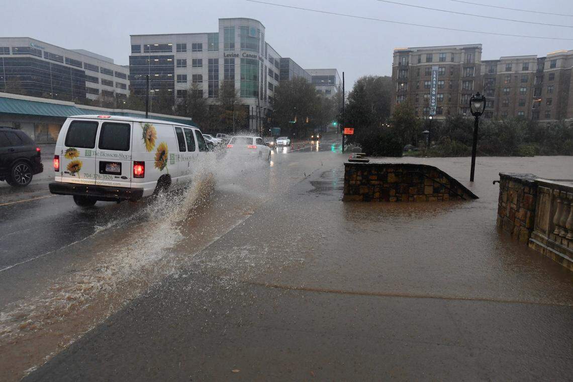 Flooding occurs at the Little Sugar Creek greenway off S. Kings Drive. Charlotte, Huntersville and Rock Hill are under a flash flood warning until about 1 p.m.