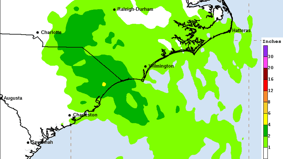 Two to 6 inches of rain are expected in coastal areas and two to 4 inches just east and southeast of Charlotte, Tropical Storm Chantal rain maps produced by the National Hurricane Center showed.