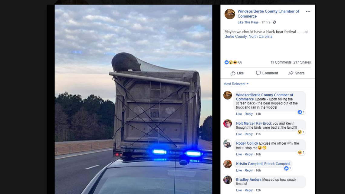 Facebook screenshot of the Chamber of Commerce post on stowaway bear in garbage truck.