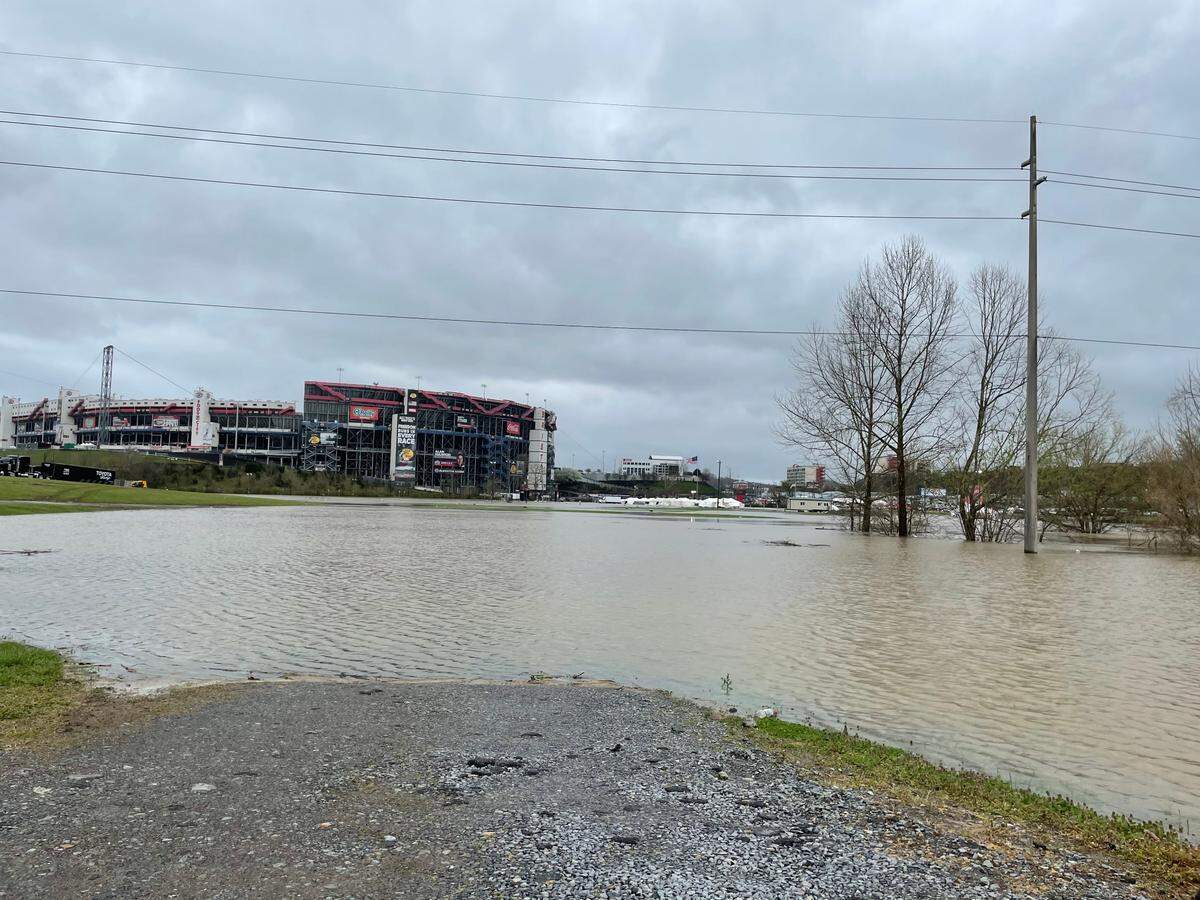 An Earhart Campground parking lot was submerged in water after storms near Bristol Motor Speedway ahead of NASCAR’s dirt race event weekend at the track. Races were postponed due to heavy flooding and rain.
