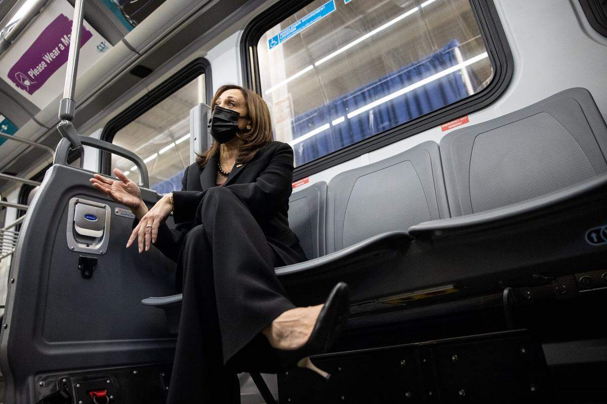 Vice President Kamala Harris speaks during an interview with The Charlotte Observer at the Charlotte Area Transit Center in Charlotte, N.C., on Thursday, December 2, 2021.