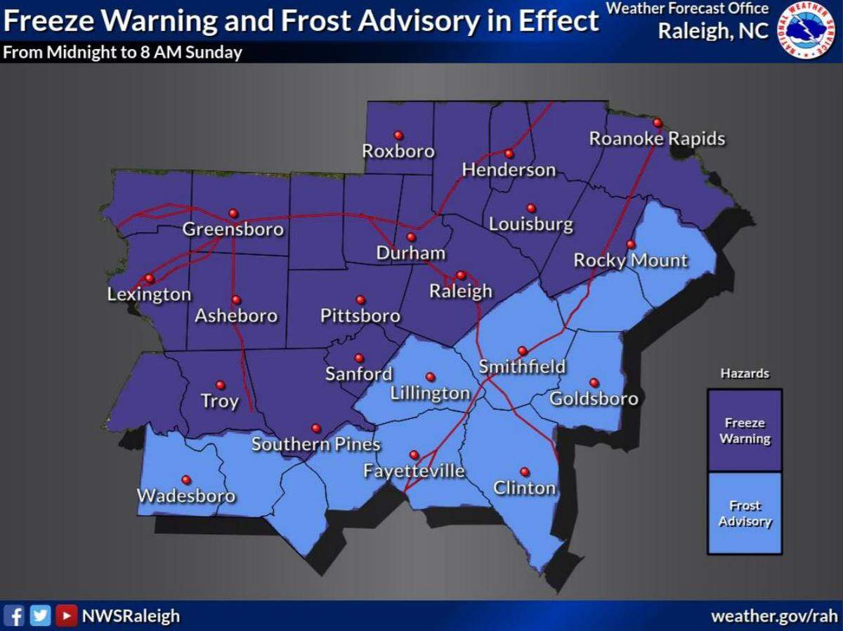 Most of the state is under a freeze warning or frost advisory into Sunday morning.