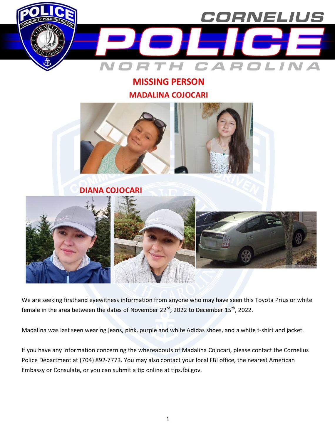 Cornelius Police are looking for witnesses in Madison County who might have seen Madalina Cojocari’s mother, Diana, or a Toyota Prius.