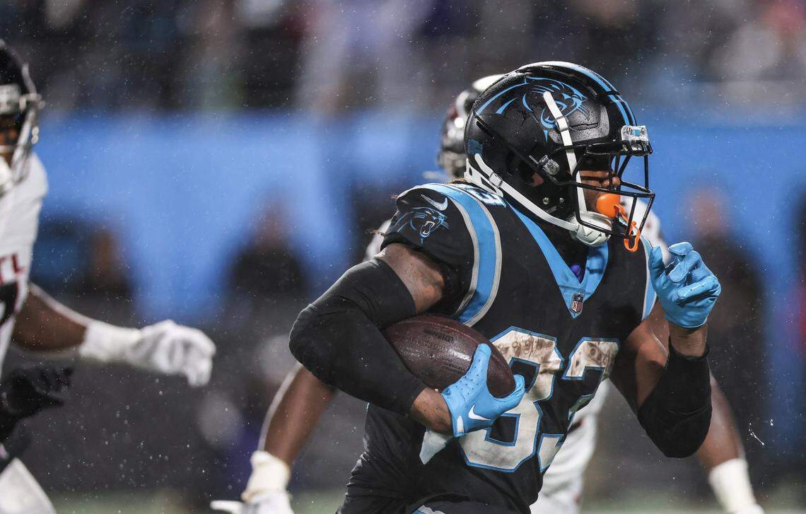 Carolina Panthers running back D’Onta Foreman runs to make a touchdown against the Atlanta Falcons on Thursday, November 10, 2022.