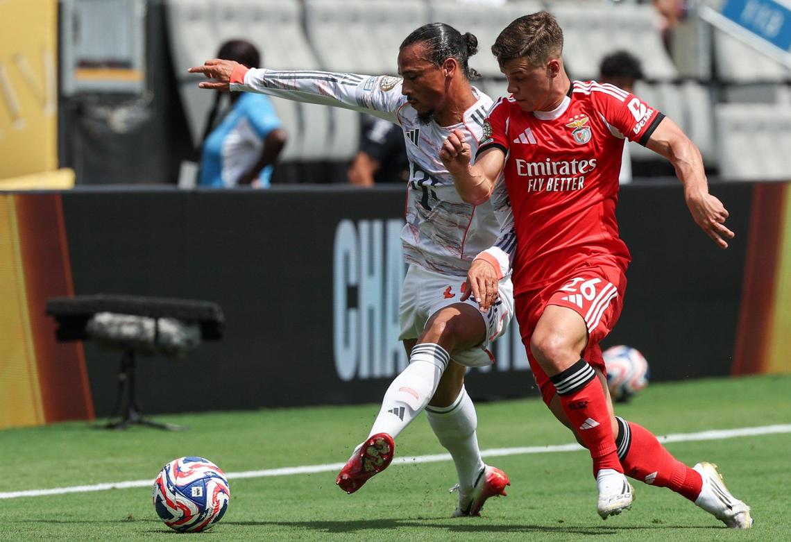 Bayern München’s forward Leroy Sane, left, S.L. Benfica’s defender Samuel Dahl vie for possession of the ball during the FIFA Club World Cup at Bank of America Stadium in Charlotte, NC on Tuesday, June 24, 2025.