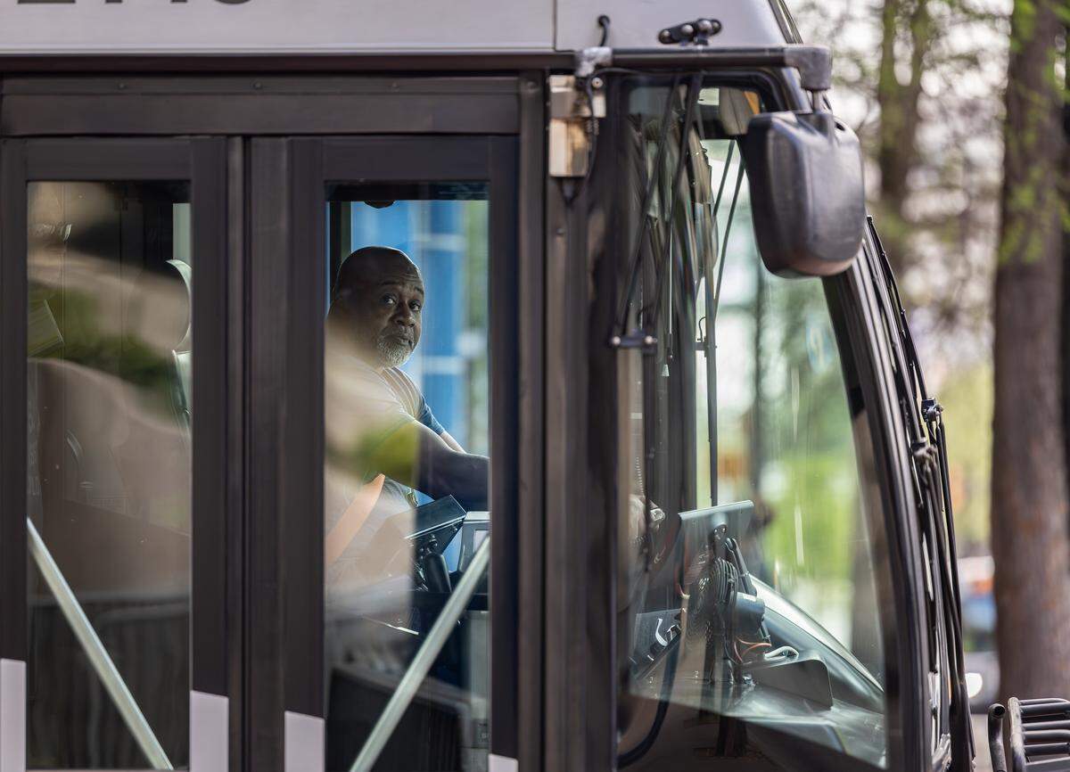 A CATS driver leaves the Charlotte Transportation Center in Charlotte, N.C., on a spring morning in 2026. Bus drivers in Charlotte are assaulted at a higher rate than the national average.