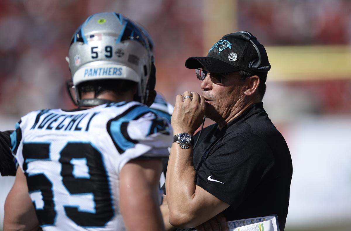 Carolina Panthers head coach Ron Rivera during the first half of an NFL football game against the Tampa Bay Buccaneers Sunday, Dec. 2, 2018, in Tampa, Fla. (AP Photo/Jason Behnken)