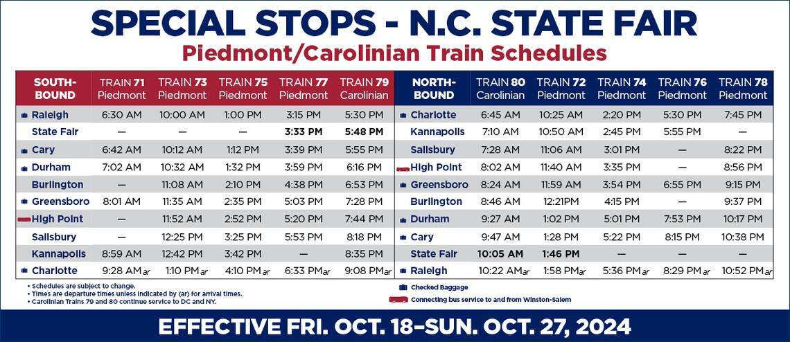 Screenshot of special train routes to the 2024 N.C. State Fair in Raleigh.