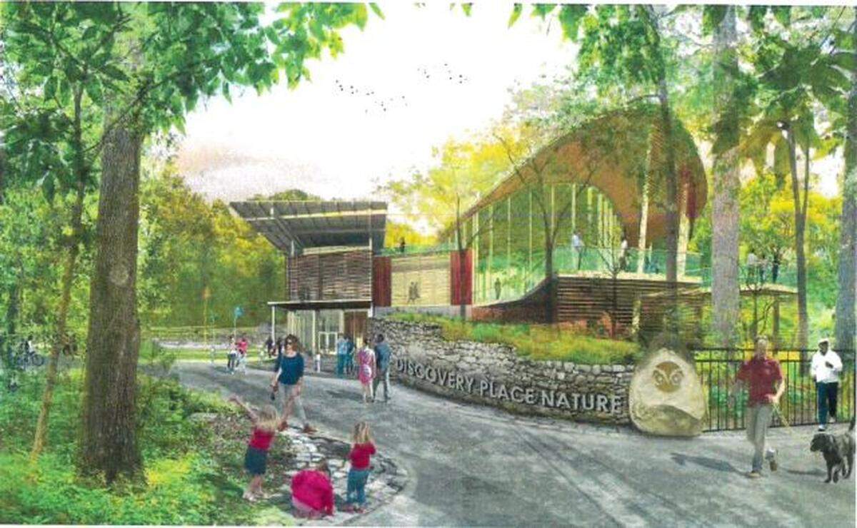 This is a rendering of early plans for a new Discovery Place Nature museum in Myers Park.