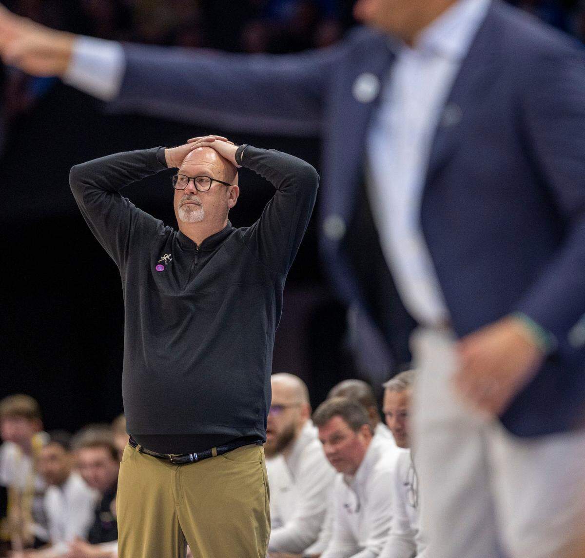 Wake Forest coach Steve Forbes reacts to a foul against his team in the first half against North Carolina during the quarterfinals of the ACC Tournament at Spectrum Center in Charlotte, N.C.