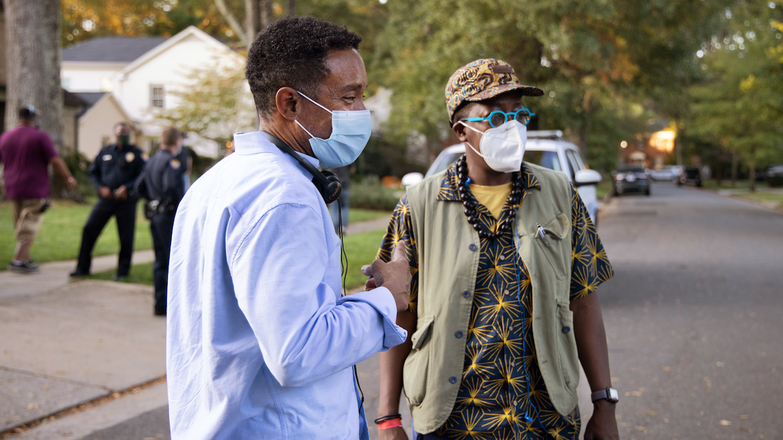 “Delilah” executive producer and director Charles Randolph-Wright, left, and director Cheryl Dunye work on the set in Charlotte. The show represents a homecoming for Randolph-Wright, who grew up in the area.