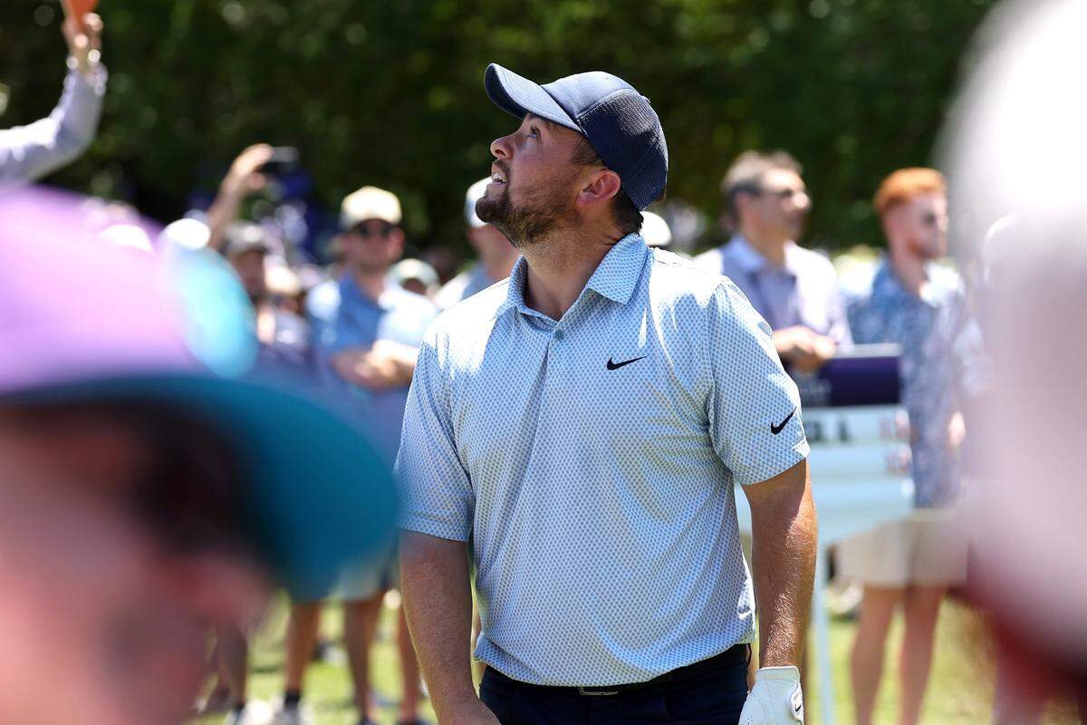Alex Fitzpatrick becomes agitated with a drone flying over the third tee box while he was over his ball during the final round of the Truist Championship at Quail Hollow Club in Charlotte, NC on Sunday, May 10, 2026.