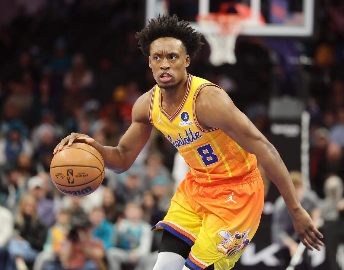 Charlotte Hornets’ Collin Sexton heads up the court Saturday, Jan. 24, 2026, during the game against the Washington Wizards at Spectrum Center in Charlotte, North Carolina.