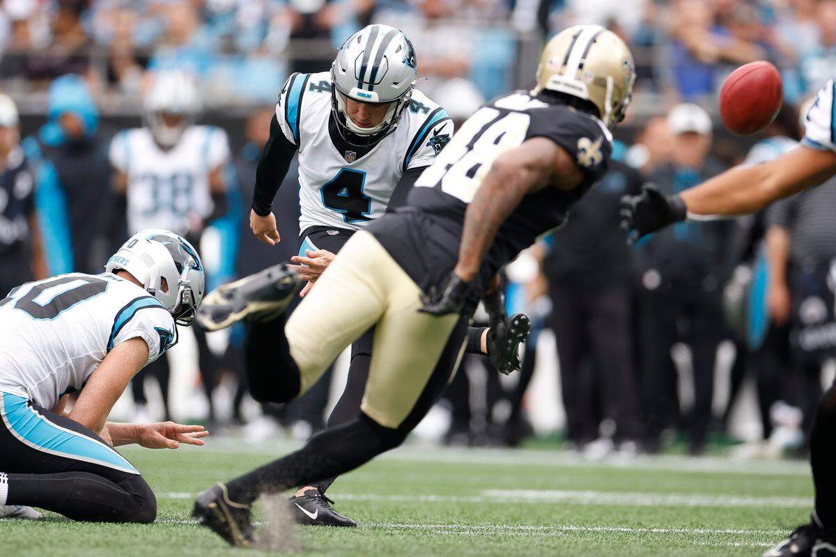 Carolina Panthers place kicker Eddy Pineiro (4) kicks a field goal during a game against the New Orleans Saints at Bank of America Stadium in Charlotte, N.C., Sunday, Sept. 25, 2022.