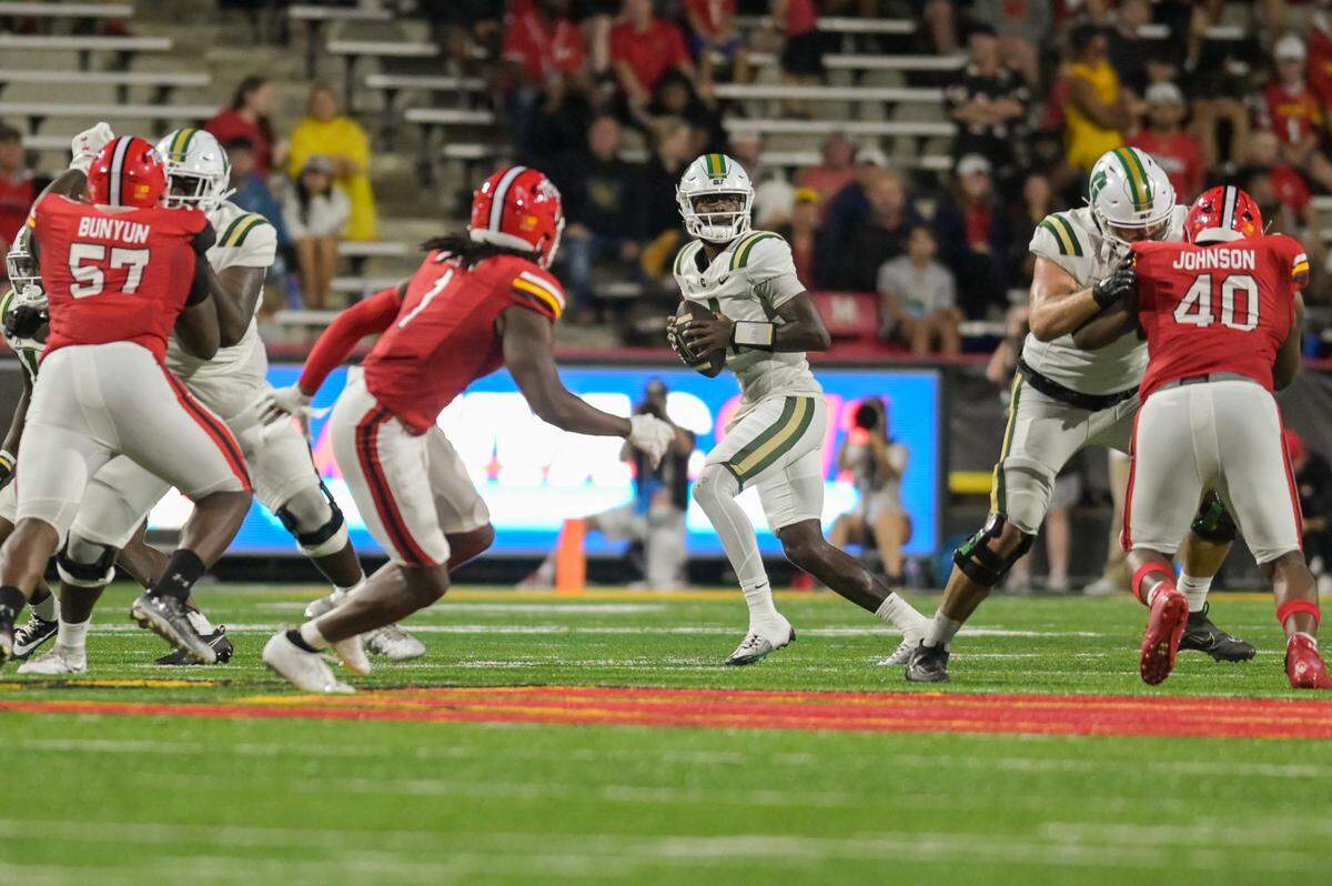 Charlotte 49ers quarterback Jalon Jones (4) drops back to pass during the first half against the Maryland Terrapins earlier this season at SECU Stadium.