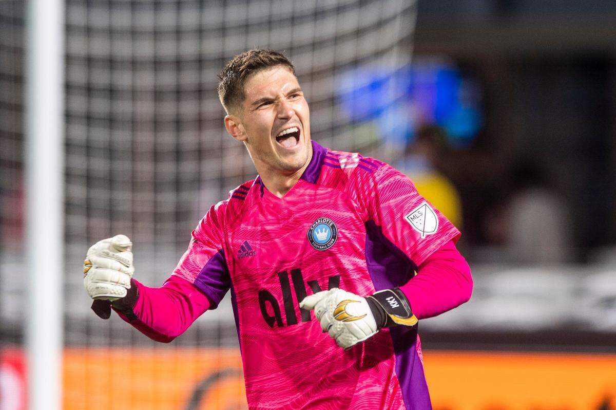 Charlotte FC goalkeeper Kristijan Kahlina celebrates a team win against the New England Revolution at Bank of America Stadium on Saturday, March 19, 2022 in Charlotte, NC. Charlotte FC defeated the Revolution, 3-1, for their first win of the season.