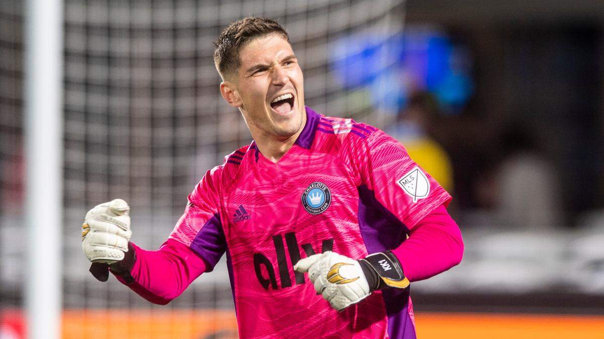 Charlotte FC goalkeeper Kristijan Kahlina celebrates a team win against the New England Revolution at Bank of America Stadium on Saturday, March 19, 2022 in Charlotte, NC. Charlotte FC defeated the Revolution, 3-1, for their first win of the season.