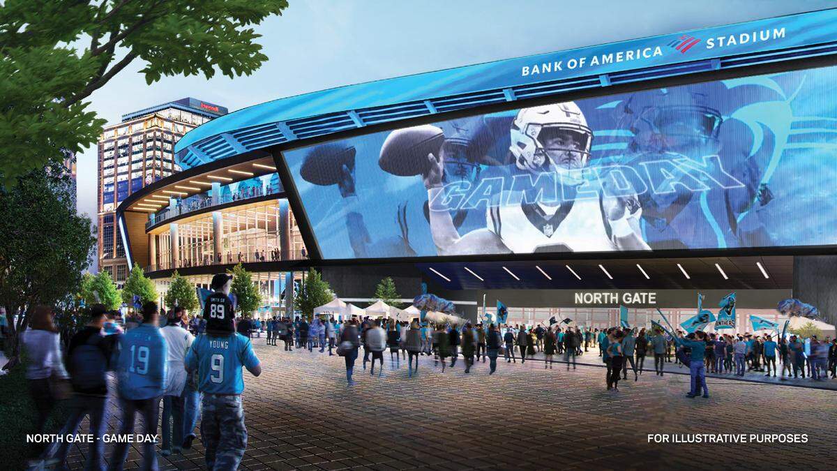 This rendering of a renovated Bank of America Stadium pictures fans walking into the facility’s north gate on game day. Tepper Sports and Entertainment unveiled a massive renovation proposal Monday that would ask for $650 million in taxpayer money.