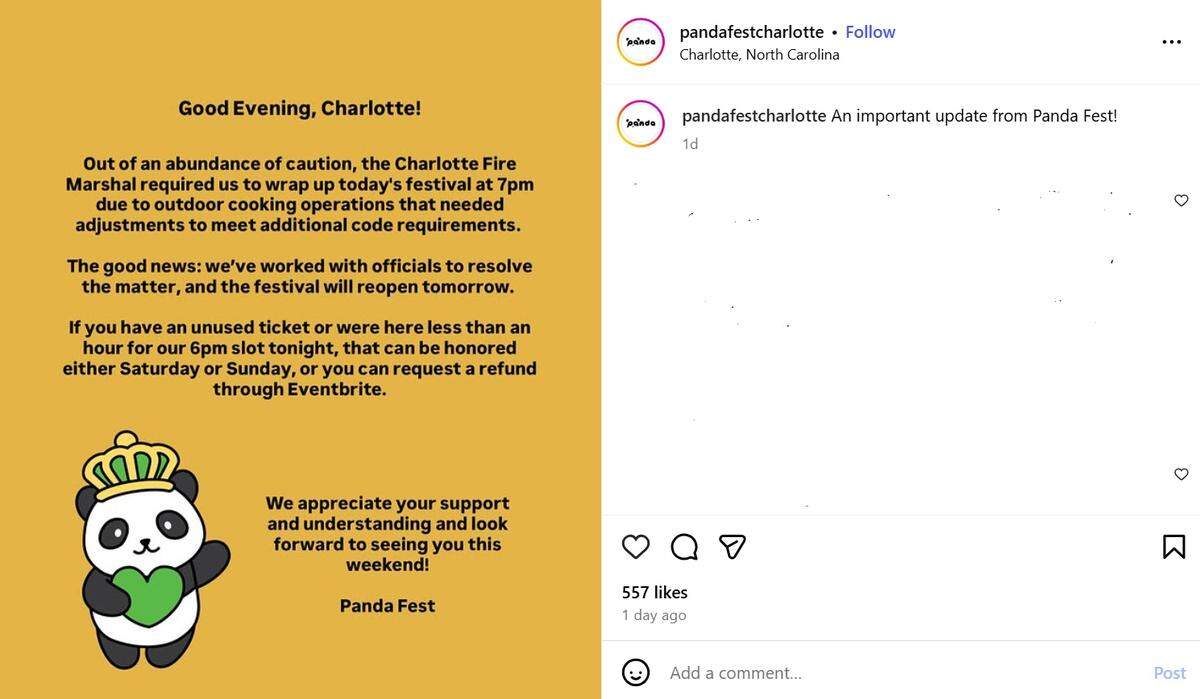 A screenshot of a Panda Fest post on Instagram explains why the Fire Marshal shut the event down early on Friday.
