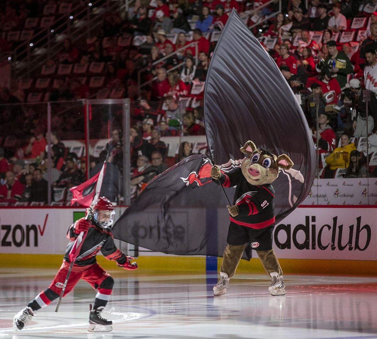 Stormy, the Carolina Hurricanes’ mascot, motivates fans on Tuesday, May 10, 2022 prior to game five of their of their Stanley Cup first round series against Boston at PNC Arena in Raleigh, N.C. 