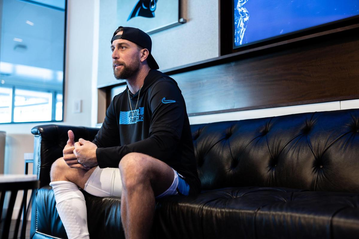 Carolina Panthers Adam Thielen speaks during an interview at the Bank of America Stadium in Charlotte, N.C., on Thursday, December 12, 2024.