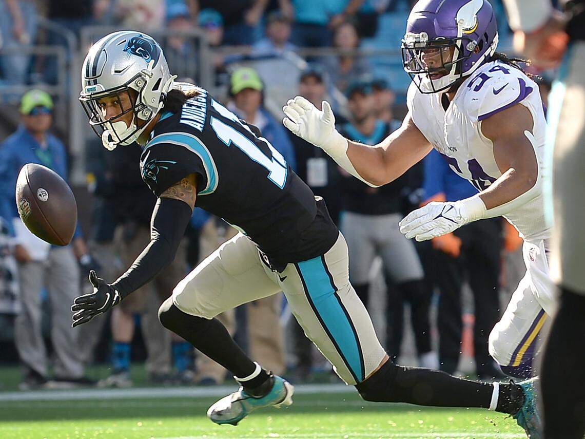 Carolina Panthers wide receiver Robby Anderson, left, has been among the NFL leaders in dropped passes all season.