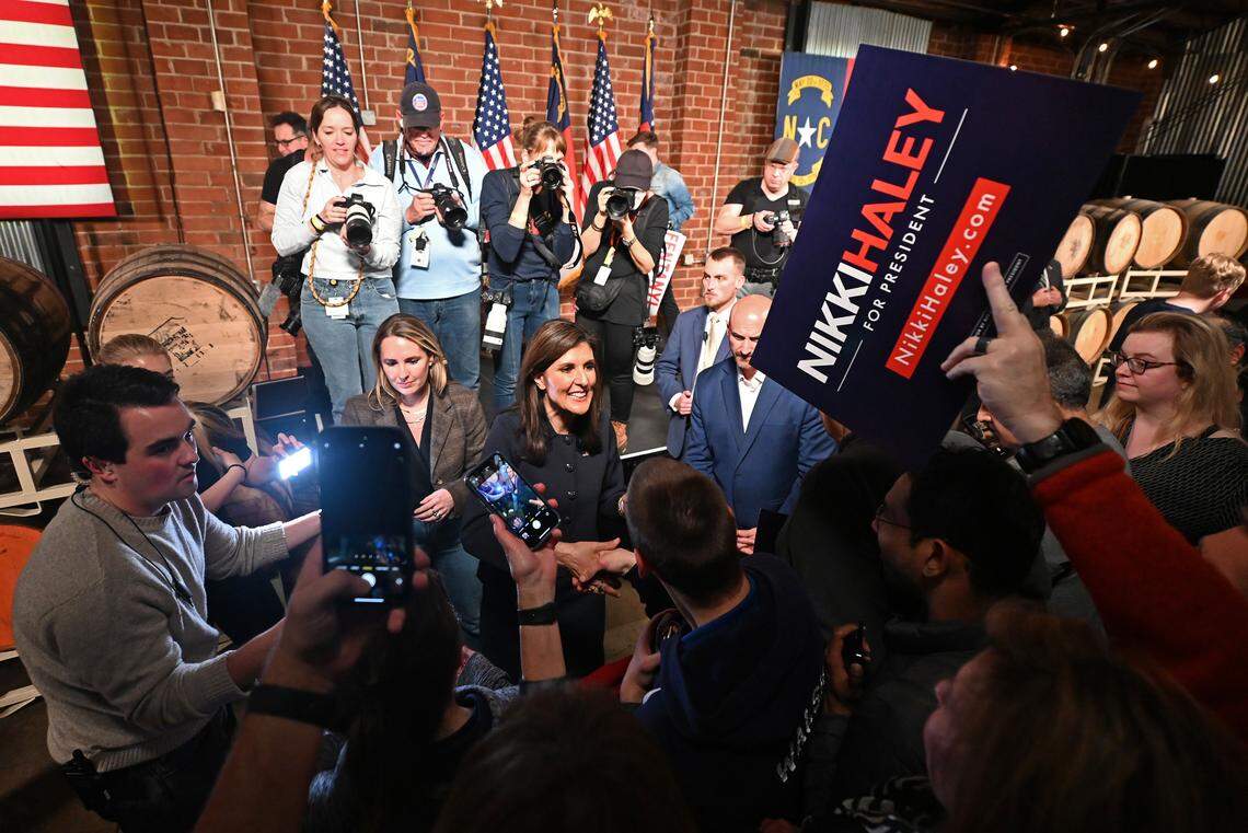 Nikki Haley, center, smiles at supporters as she shakes hands and signs autographs at Norfolk Hall at Suffolk Punch in SouthEnd following her speech on Friday, March 1, 2024 in Charlotte, NC.