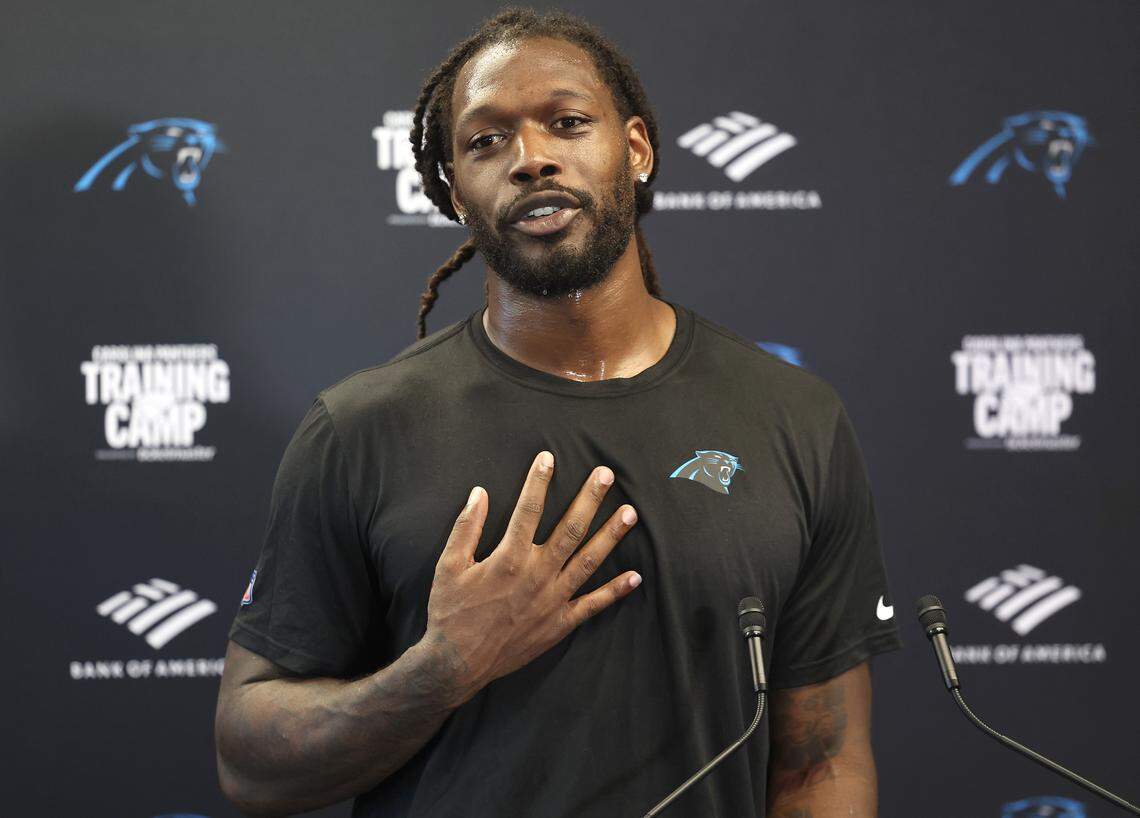 Carolina Panthers linebacker Jadeveon Clowney responds to a question during a press conference on Tuesday, July 23, 2024 at Bank of America Stadium in Charlotte, NC. The team is hosting training camp in Charlotte, NC this year after leaving Spartanburg, SC.