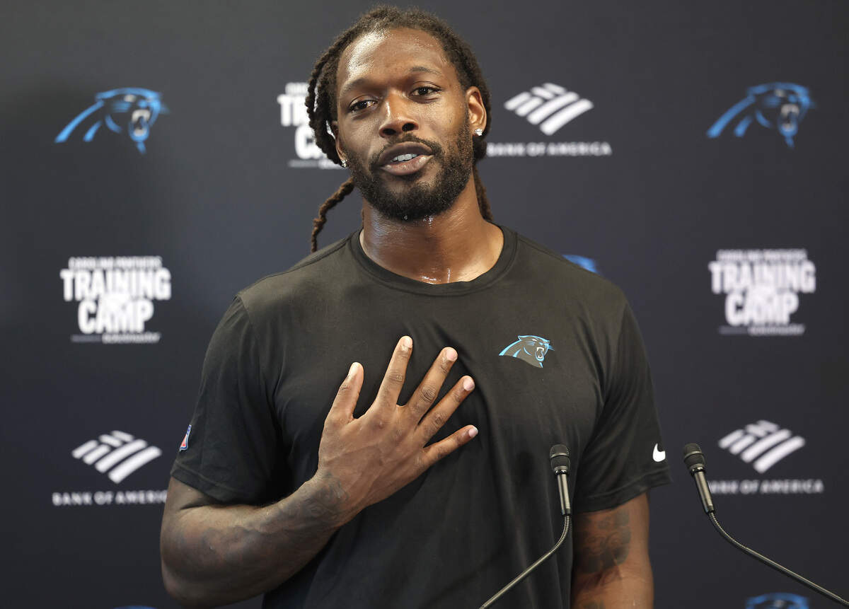 Carolina Panthers linebacker Jadeveon Clowney responds to a question during a press conference on Tuesday, July 23, 2024 at Bank of America Stadium in Charlotte, NC. The team is hosting training camp in Charlotte, NC this year after leaving Spartanburg, SC.