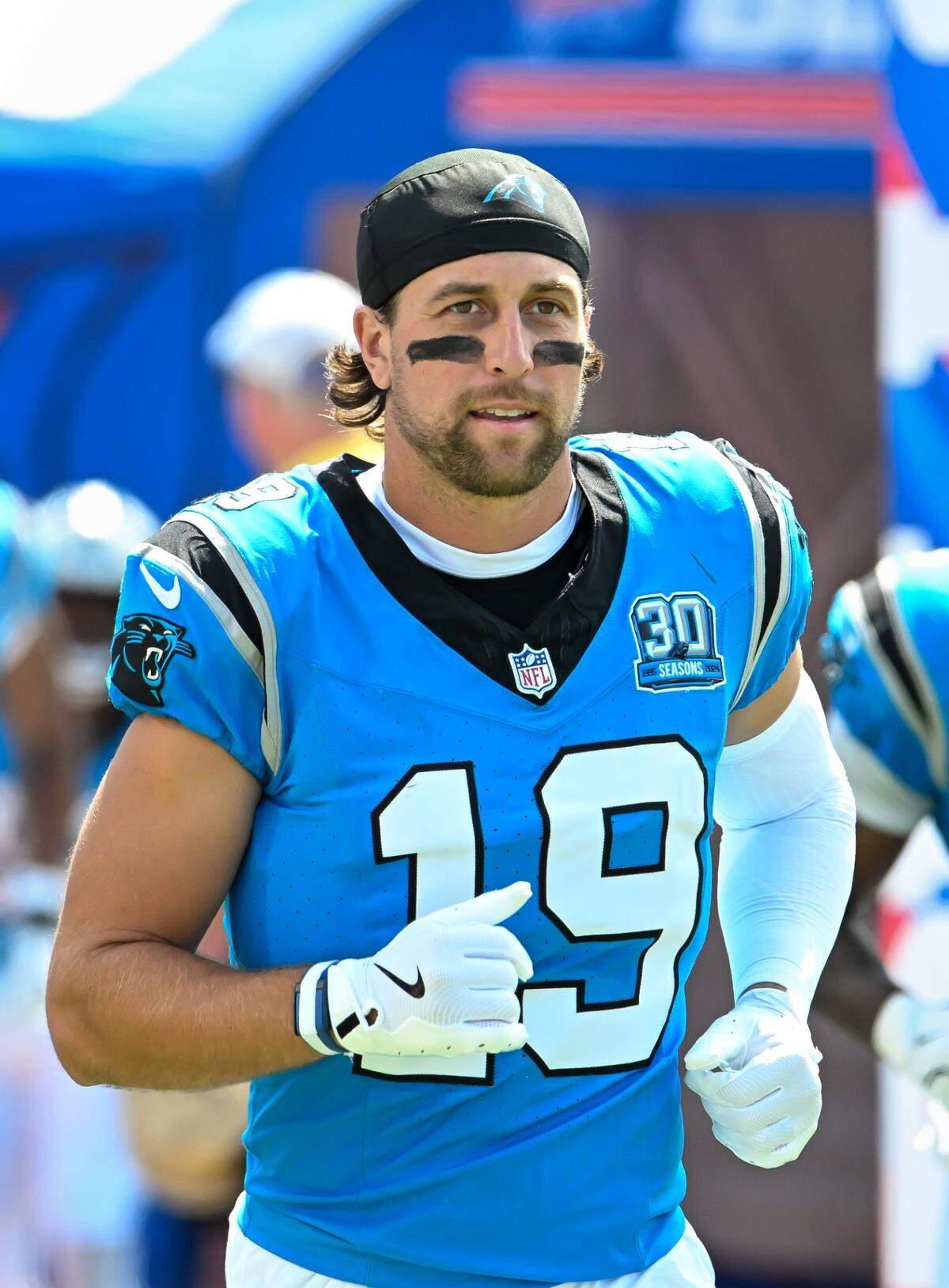 Aug 24, 2024; Orchard Park, New York, USA; Carolina Panthers wide receiver Adam Thielen (19) enters the field before a pre-season game against the Buffalo Bills at Highmark Stadium. Mandatory Credit: Mark Konezny-USA TODAY Sports
