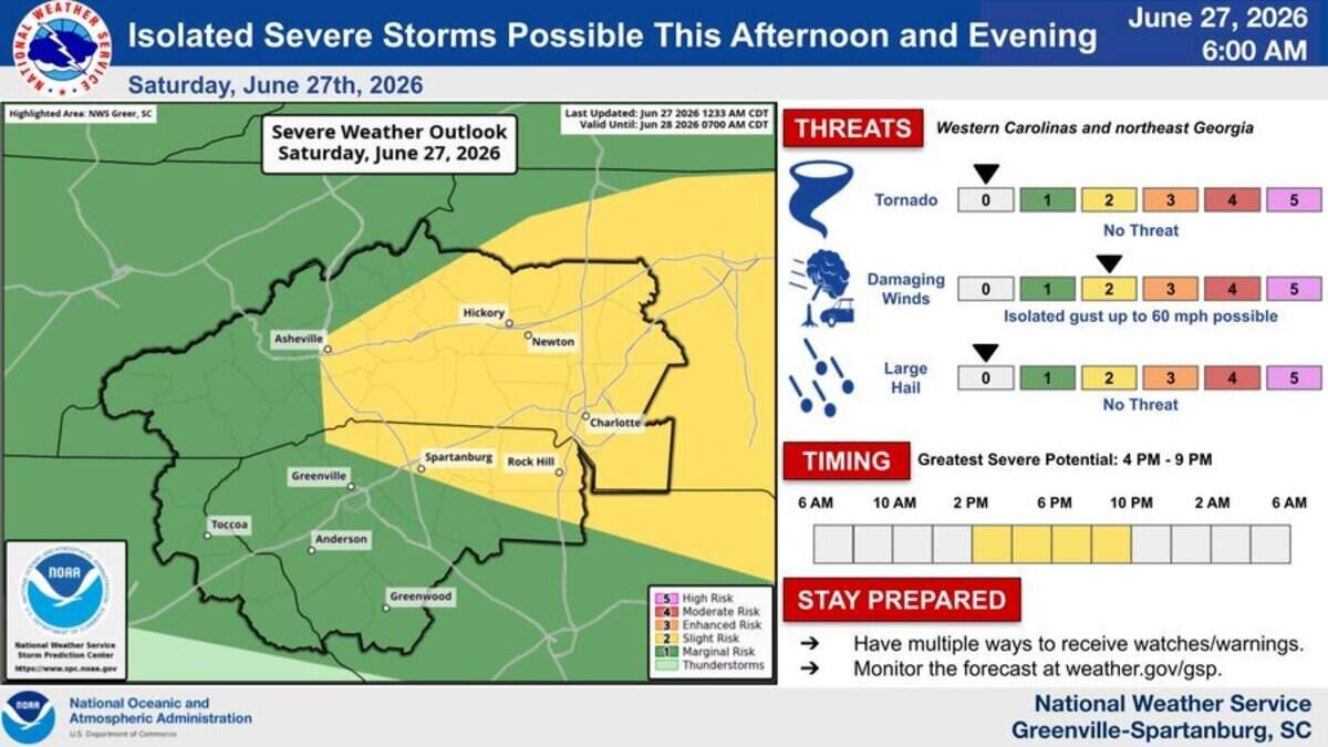 Powerful storms with damaging, 60-mph winds, are possible in the Charlotte area south through Rock Hill on Saturday, National Weather Service forecasters said.