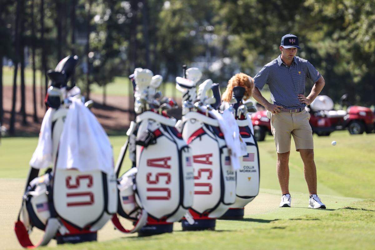 Sam Burns watches a ball go past him during the second practice round at the Presidents Cup at Quail Hollow Golf Club in Charlotte, N.C., on Wednesday, September 21, 2022.