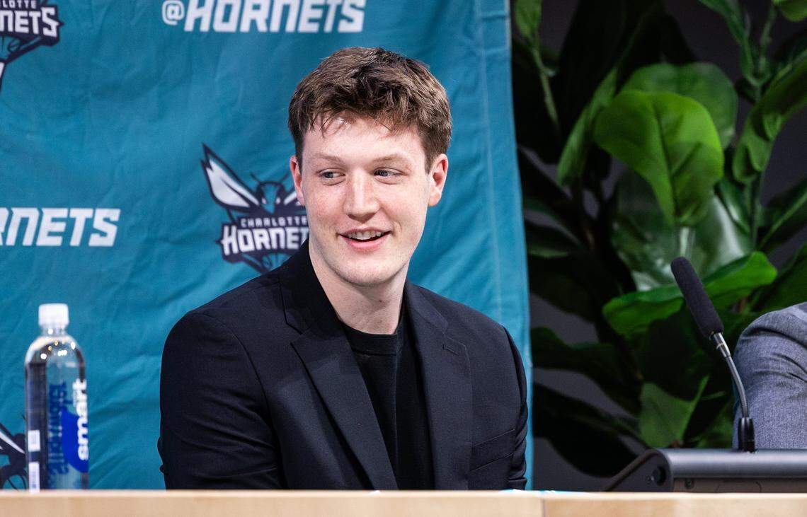 Kon Knueppel speaks during a press conference introducing the Hornets’ draftees Friday afternoon. 
