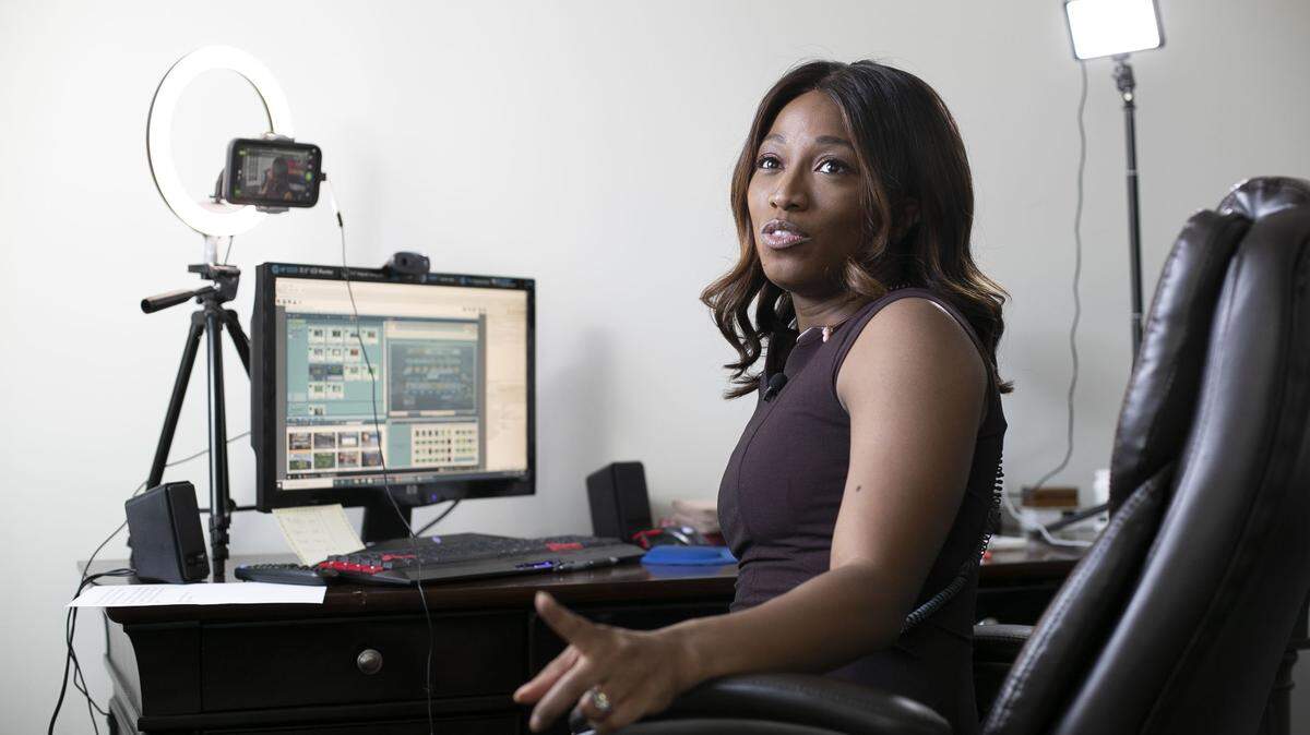 ABC11 meteorologist Brittany Bell talks about broadcasting the weather from her home office on Tuesday, April 14, 2020, in Knightdale, N.C. Bell worked from home due to the spread of the COVID-19 virus.