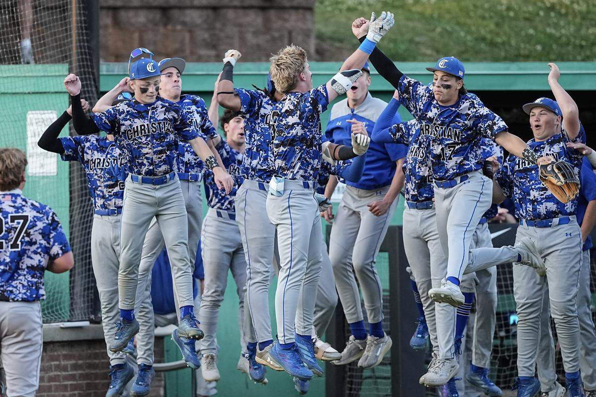 Charlotte Christian’s Hudson Simmons (8) celebrates a home run in the second inning with teammates during an NCHSAA varsity baseball game against Myers Park, Tuesday, April 7, 2026, in Charlotte, N.C. 