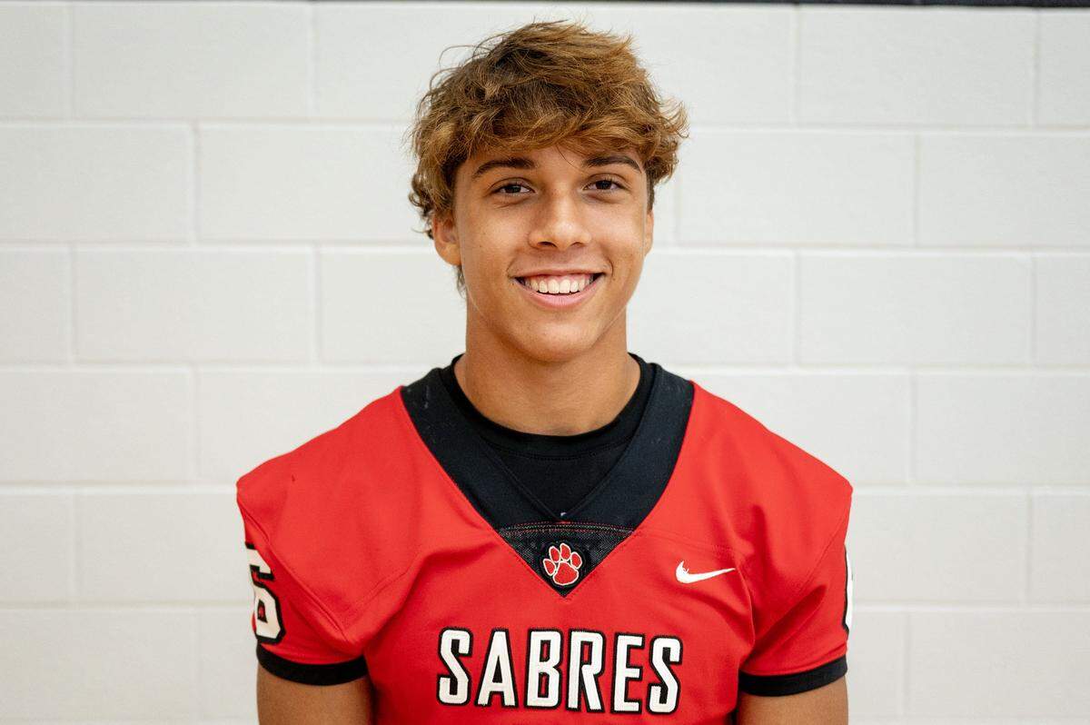 South Mecklenburg football player Quinn Rucker speaks about the upcoming season without their team's home stadium during the Greater Charlotte high school football conference's media day at Rocky River High School in Charlotte, NC, Tuesday July 29, 2025.