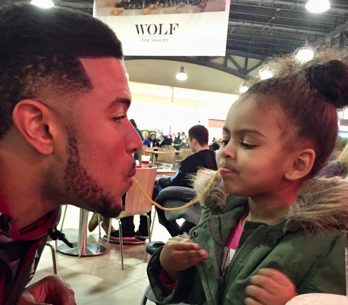 At a mall in New Jersey, Keith Kirkwood (left) and Aria Nelson shared some noodles in 2014.